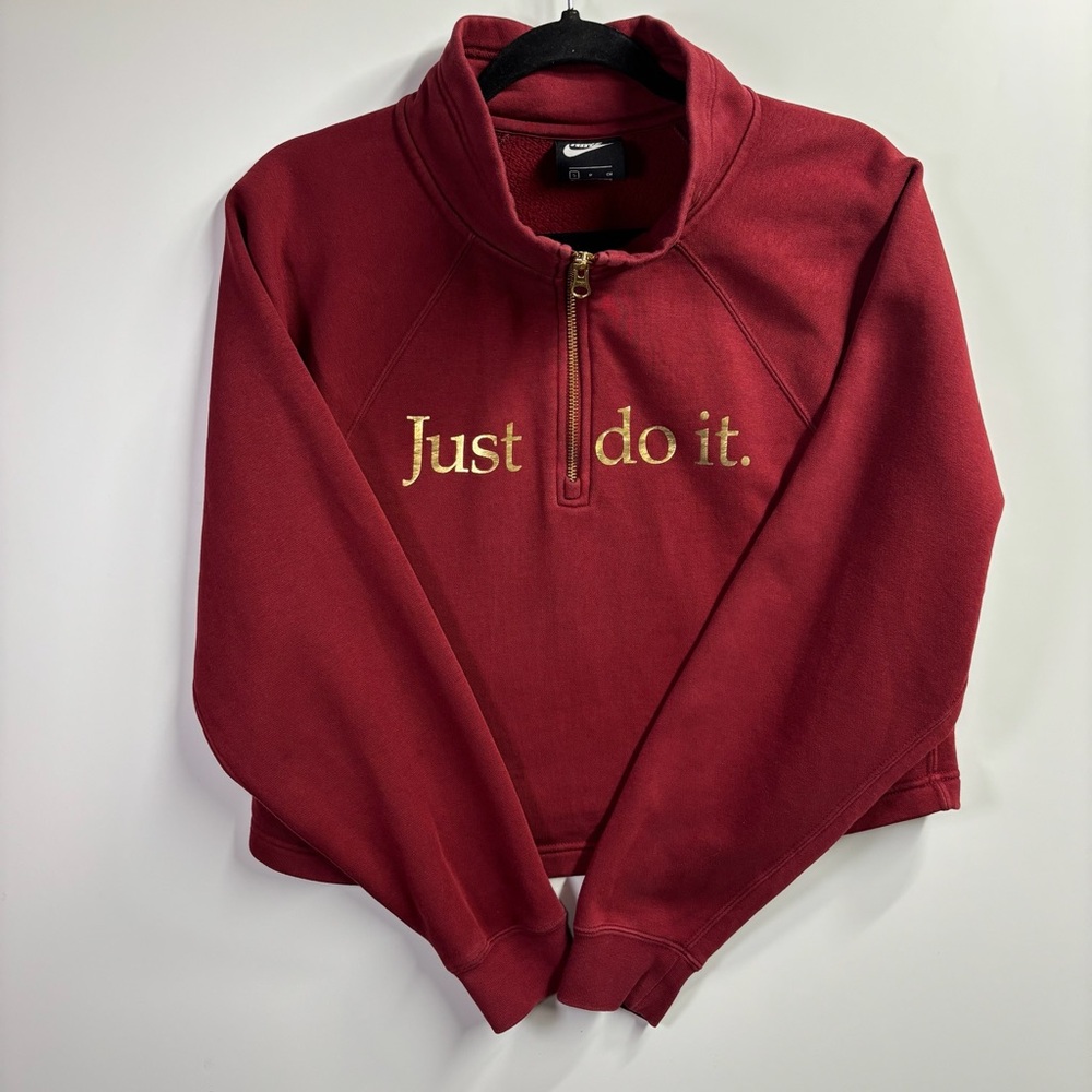 Nike Shine Cropped Quarter Zip “Just Do It” Sweatshirt Size S Color: Maroon/Gold